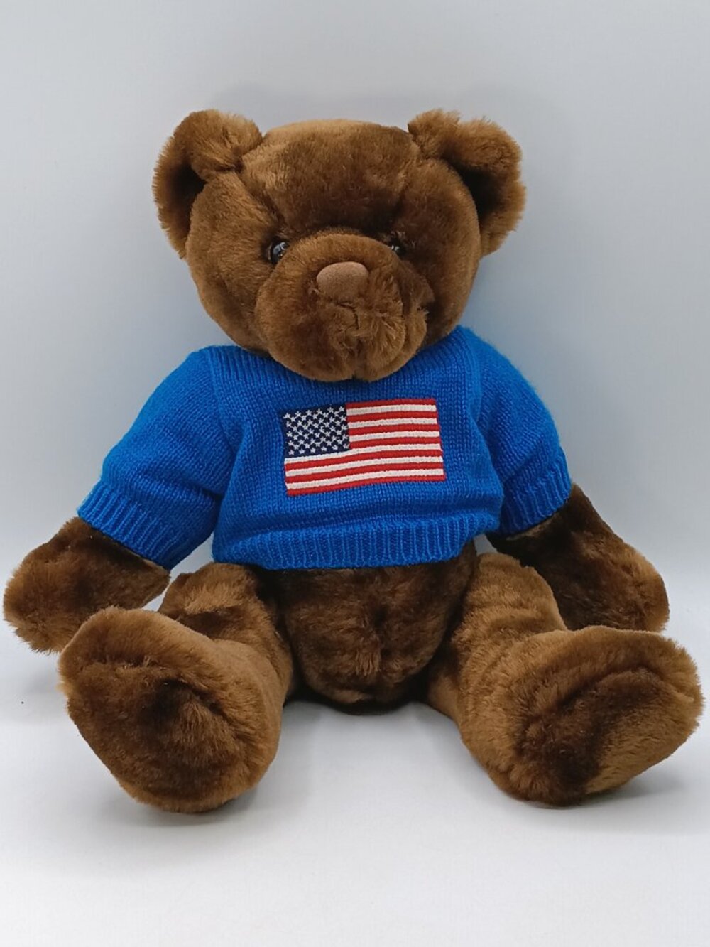 Int'l Art Enterprise Plush Brown Bear With Blue Sweater American Flag USA 15"
